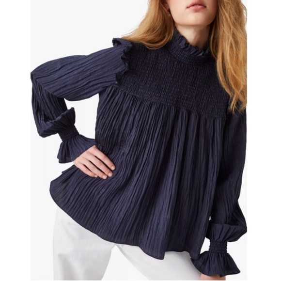 French Connection Boza Crinkle Smocked Ruffle Neck Blouse Utility Blue - Picture 2 of 6